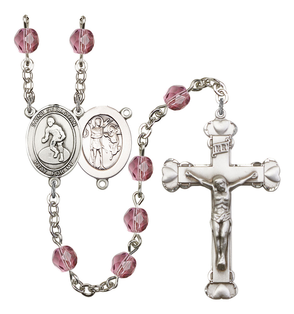 Saint Sebastian and Wrestling Rosary with Amethyst Beads