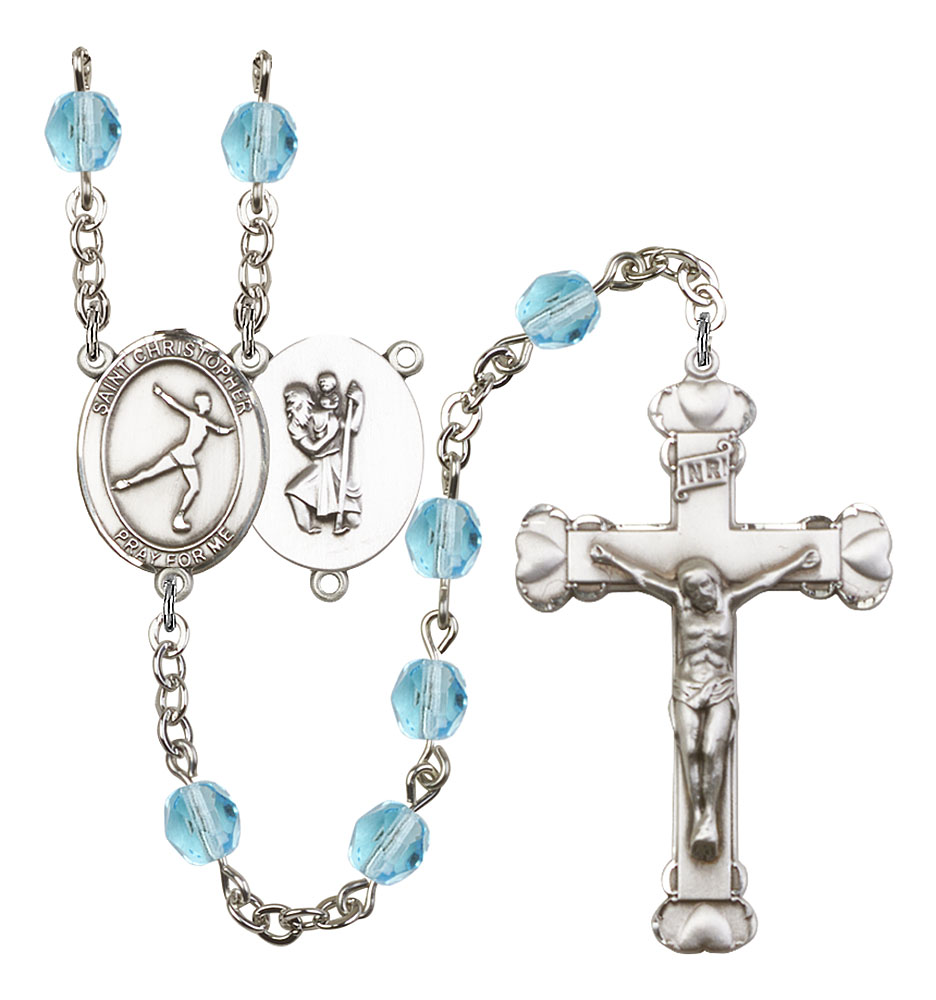 Saint Christopher and Figure Skating Rosary with Aqua Beads