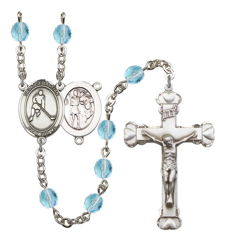 Saint Sebastian and Ice Hockey Rosary with Aqua Beads