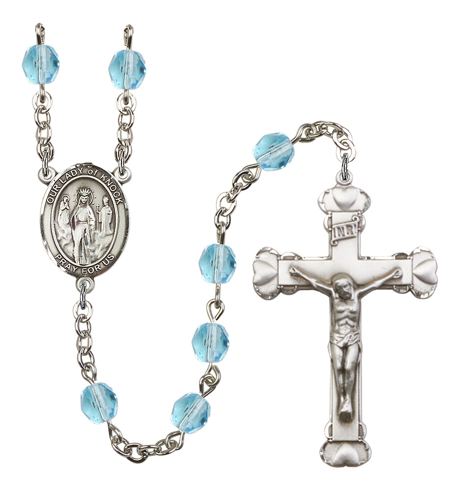 Our Lady of Knock Engravable Rosary with Aqua Beads