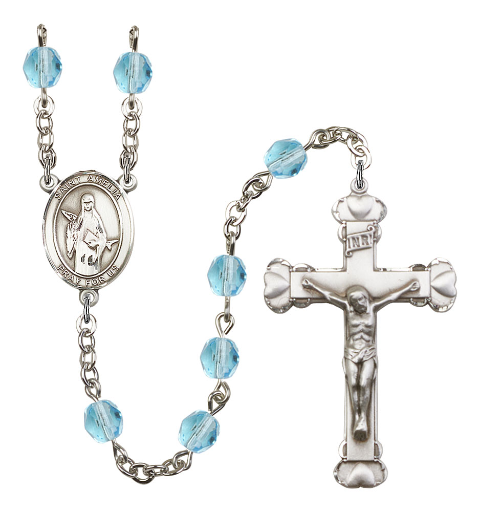 Saint Amelia Engravable Rosary with Aqua Beads