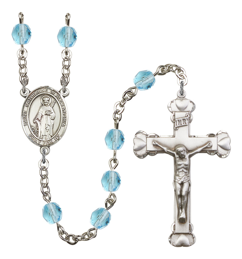 Saint Catherine of Alexandria Engravable Rosary with Aqua Beads