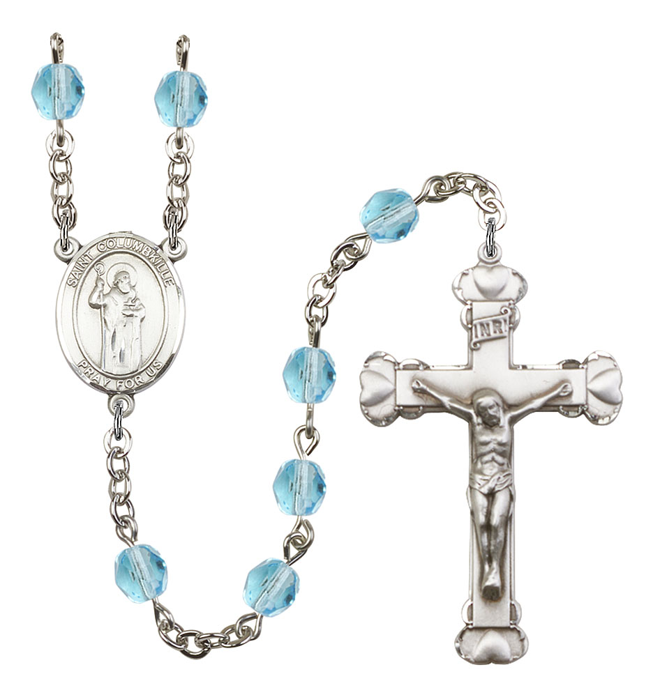 Saint Columbkille Engravable Rosary with Aqua Beads