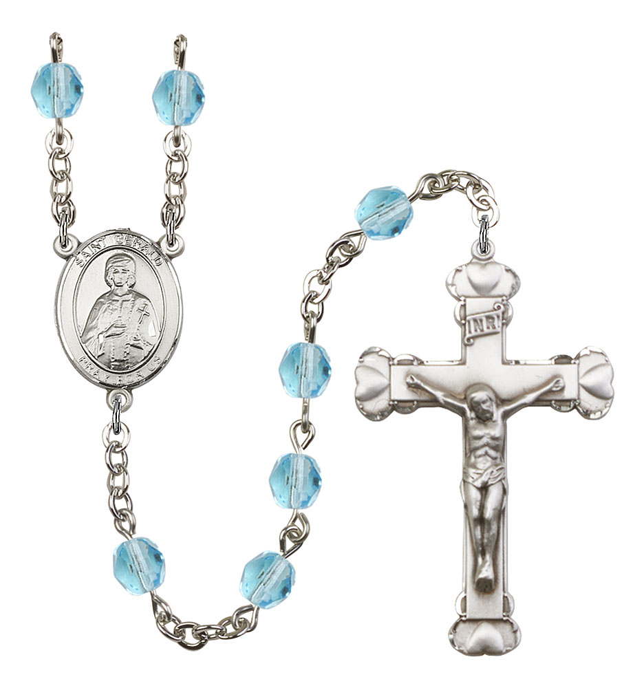 Saint Gerald Engravable Rosary with Aqua Beads