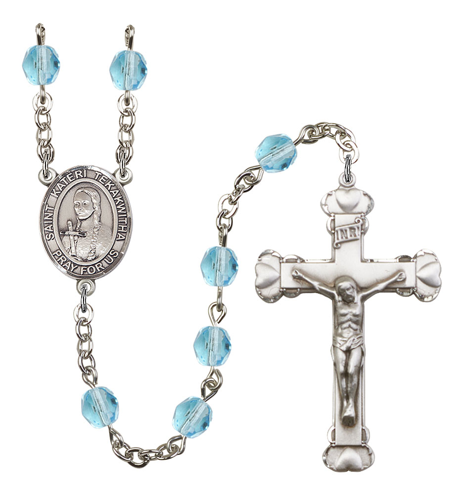 Sebastian-Lacrosse Center Sebastian-Lacrosse Rosary with 6mm Saphire Color Fire Polished Beads Silver Finish St and 1 3/8 x 3/4 inch Crucifix Gift Boxed St