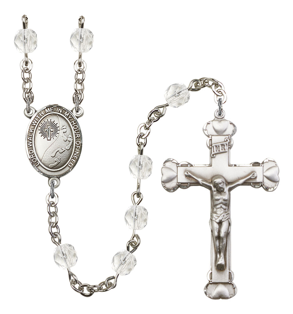 Footprints and Cross Engravable Rosary with Crystal Beads