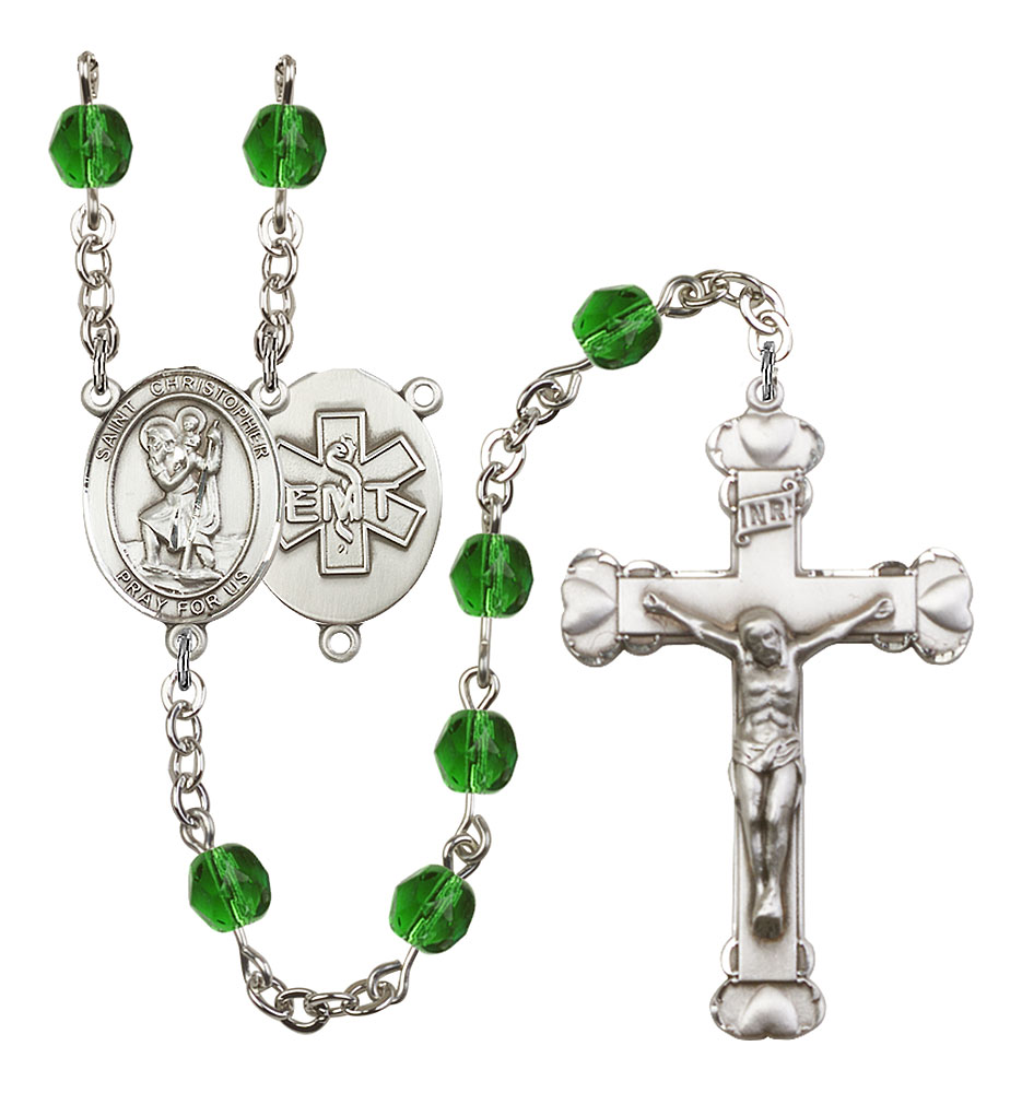Saint Christopher and EMT Rosary with Emerald Beads