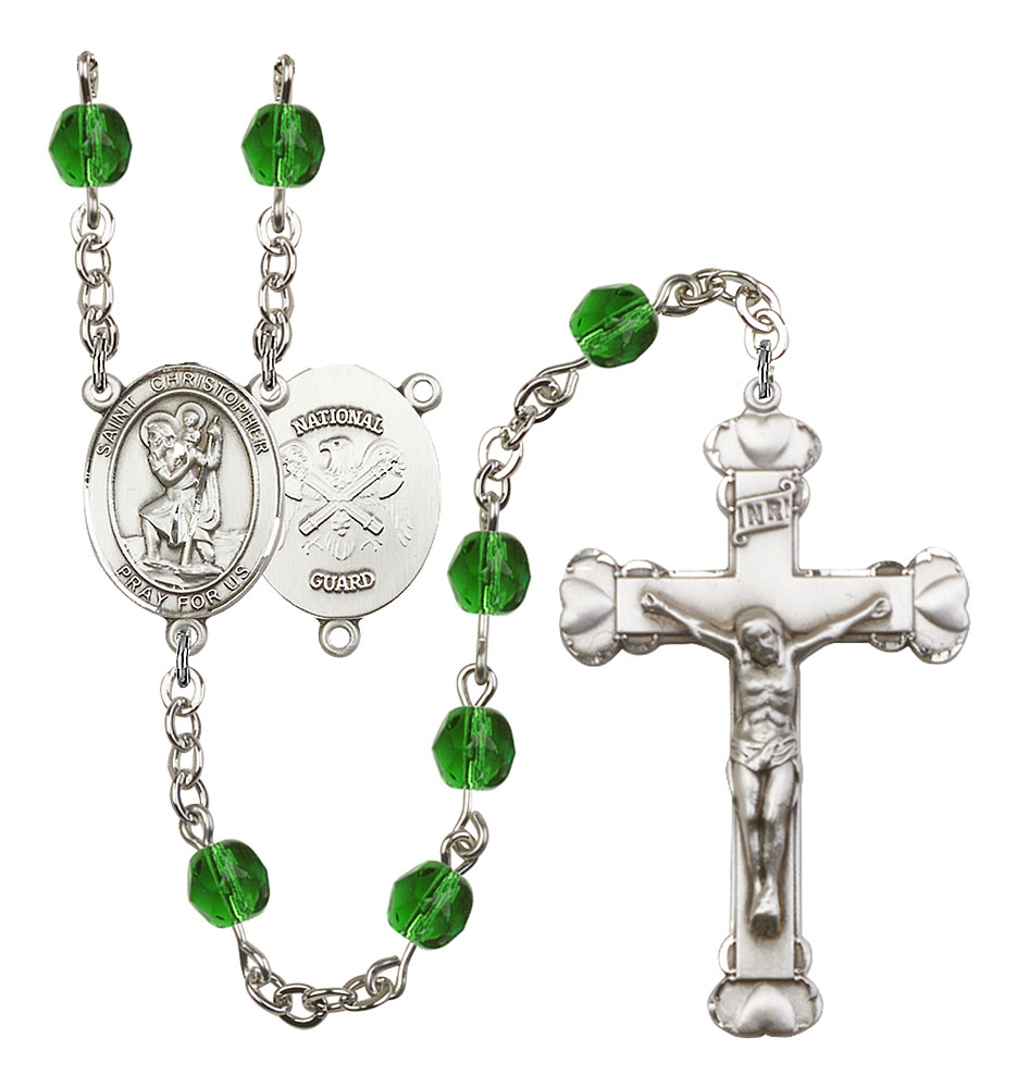 Saint Christopher and Nat'l Guard Rosary with Emerald Beads