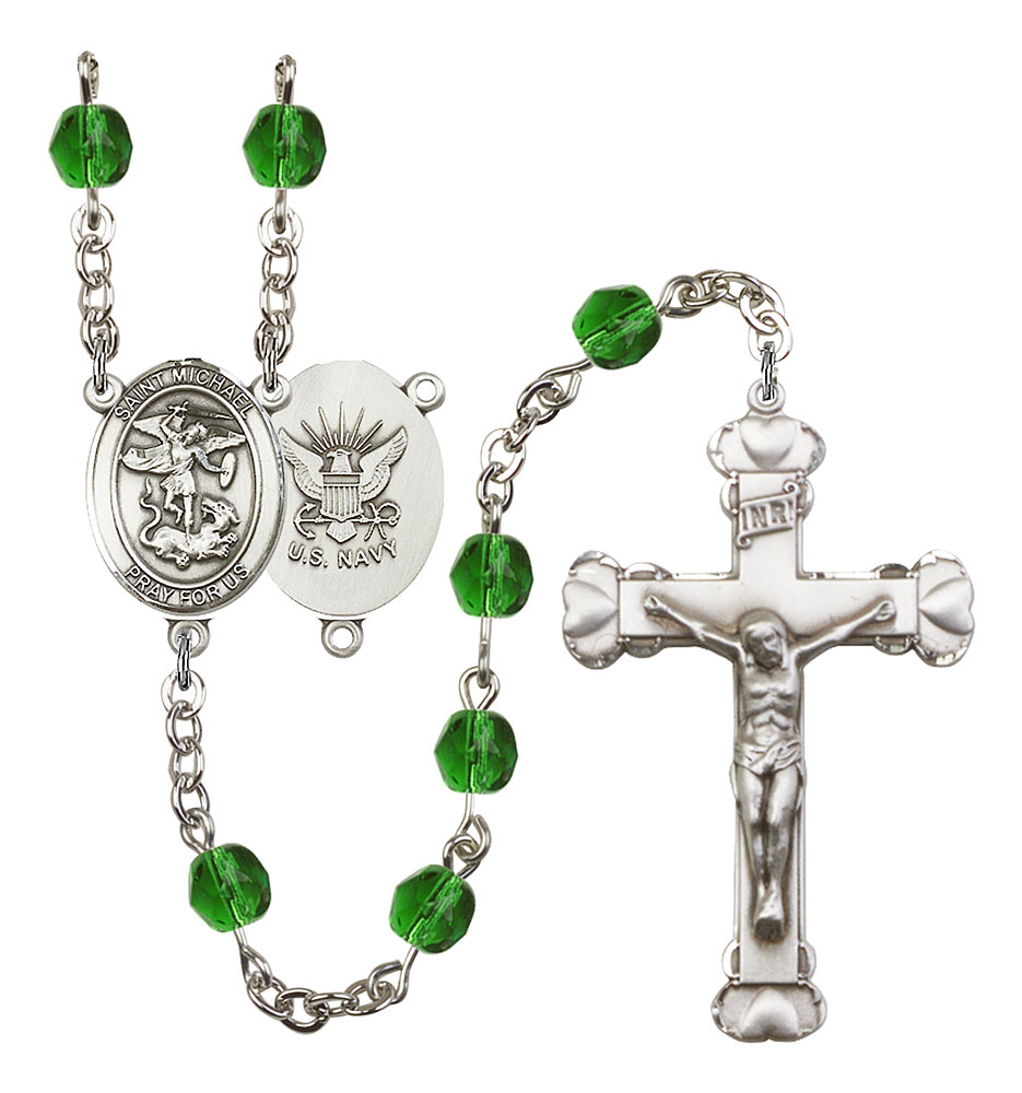 Saint Michael and Navy Rosary with Emerald Beads
