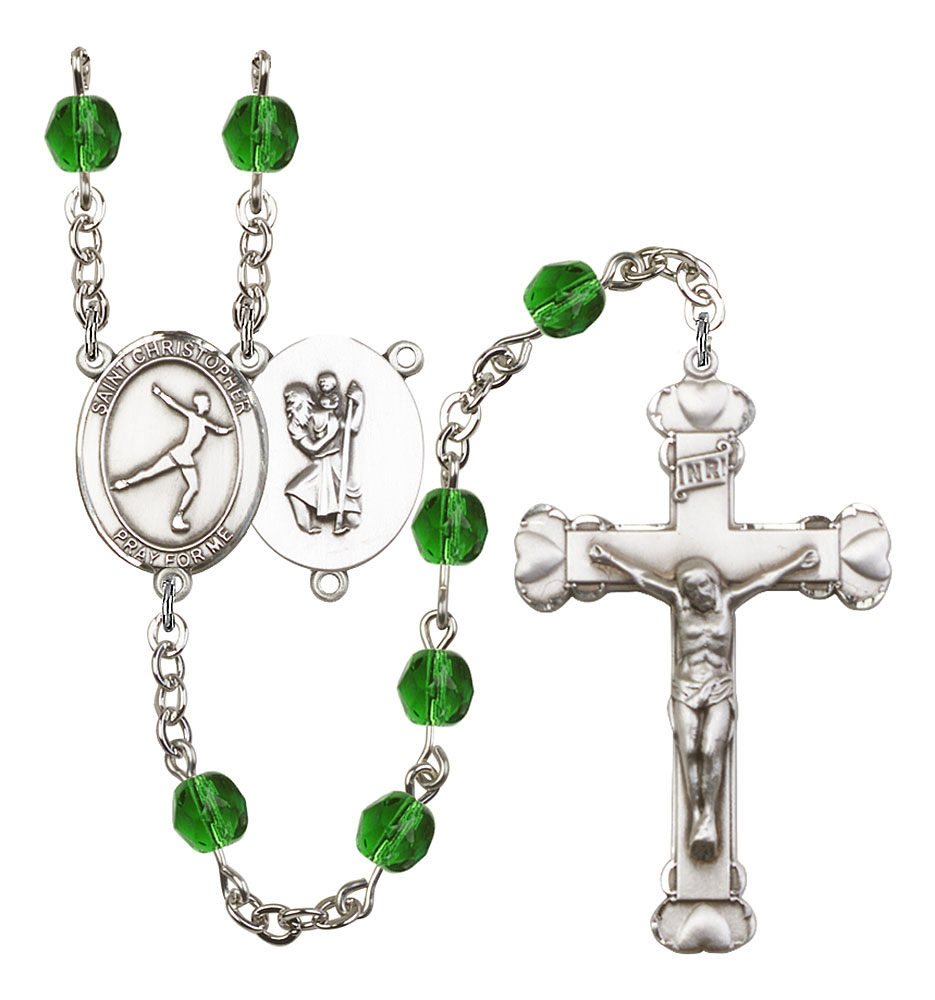Saint Christopher and Figure Skating Rosary with Emerald Beads