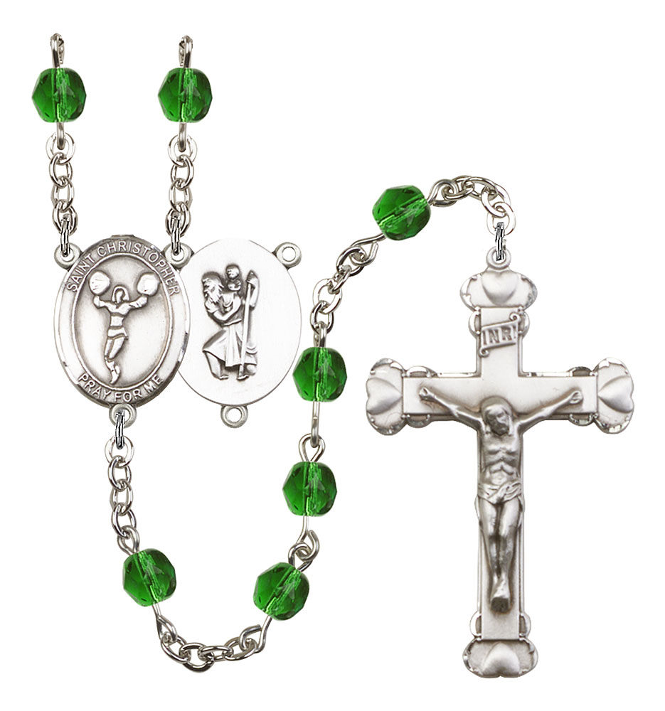 Saint Christopher and Cheerleading Rosary with Emerald Beads