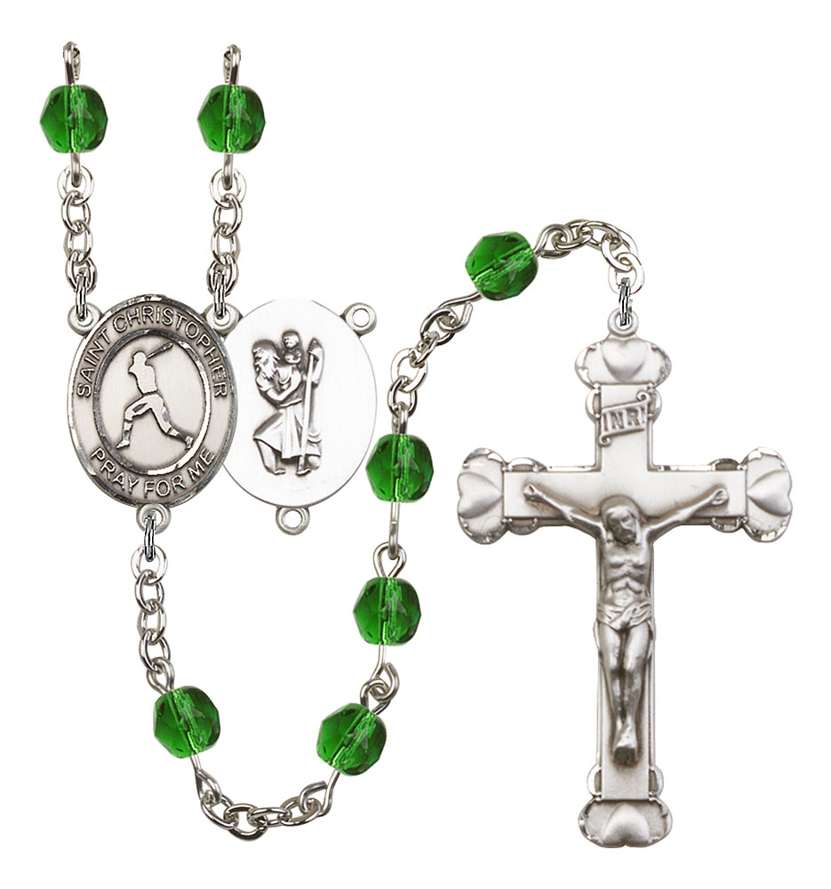 Saint Christopher and Baseball Rosary with Emerald Beads