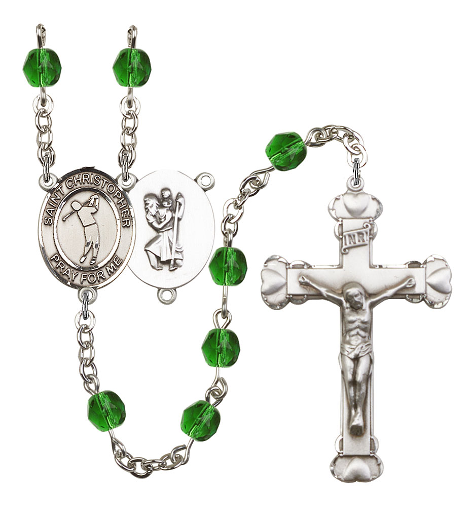 Saint Christopher and Golf Rosary with Emerald Beads