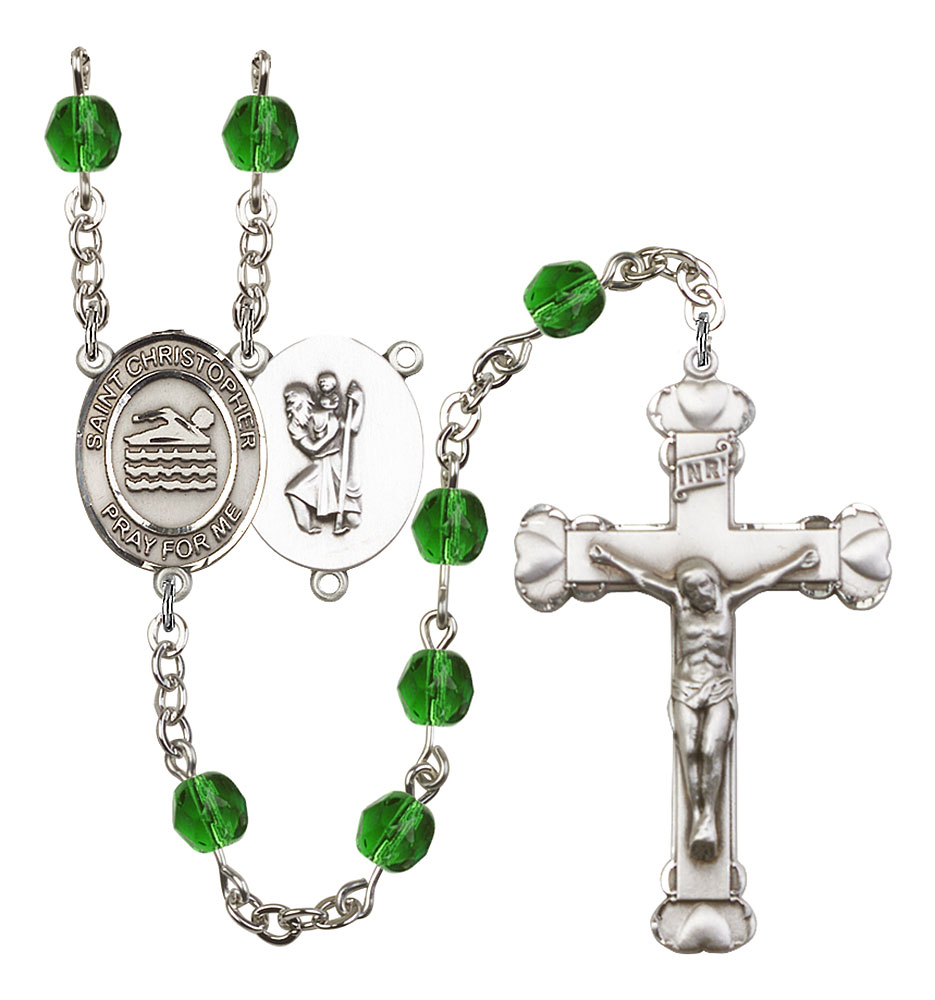 Saint Christopher and Swimming Rosary with Emerald Beads