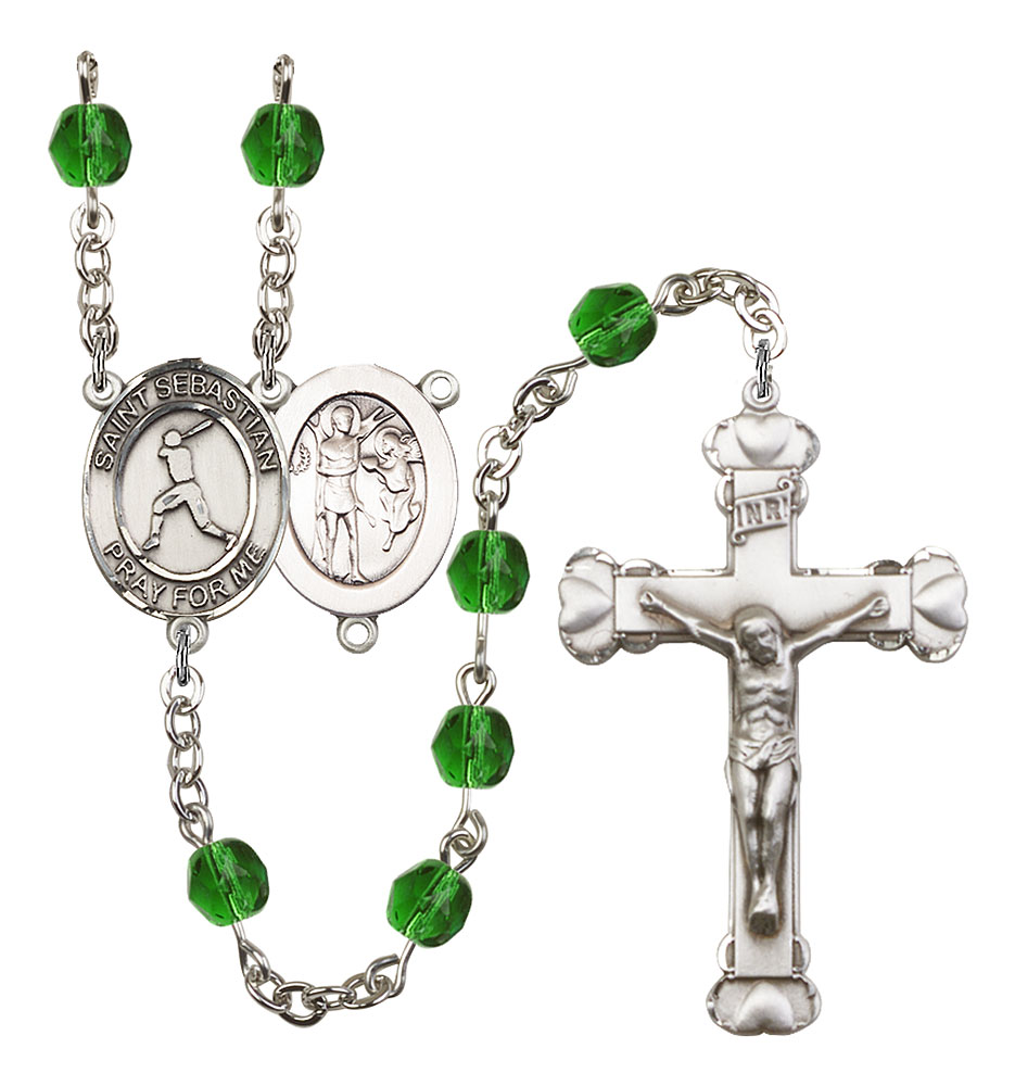 Saint Sebastian and Baseball Rosary with Emerald Beads