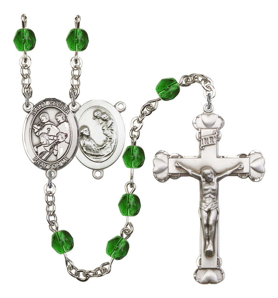 Saint Cecilia and Marching Band Rosary with Emerald Beads