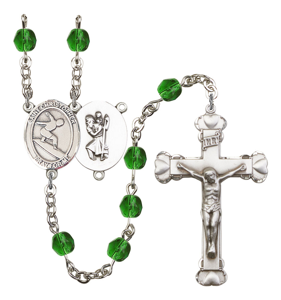 Saint Christopher and Surfing Rosary with Emerald Beads