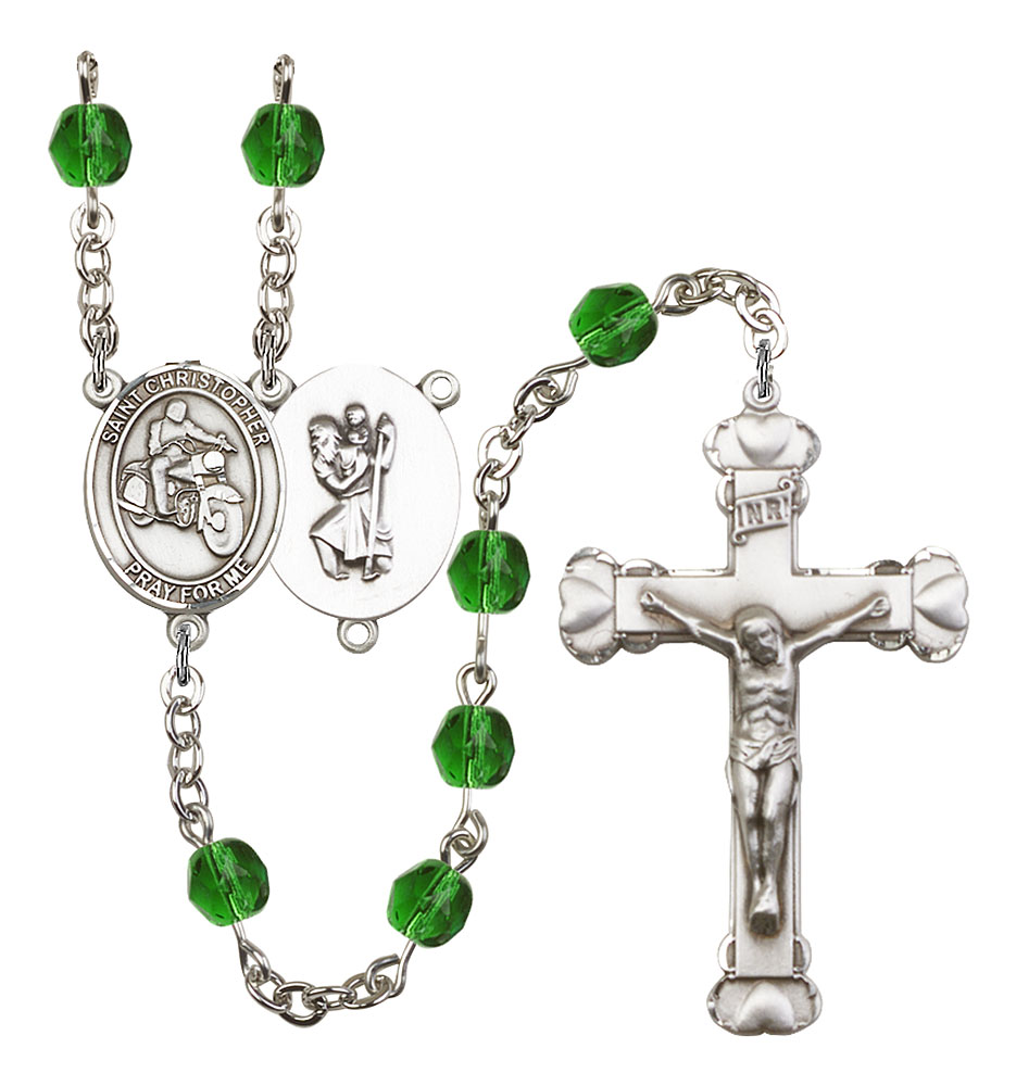 Saint Christopher and Motorcycle Rosary with Emerald Beads