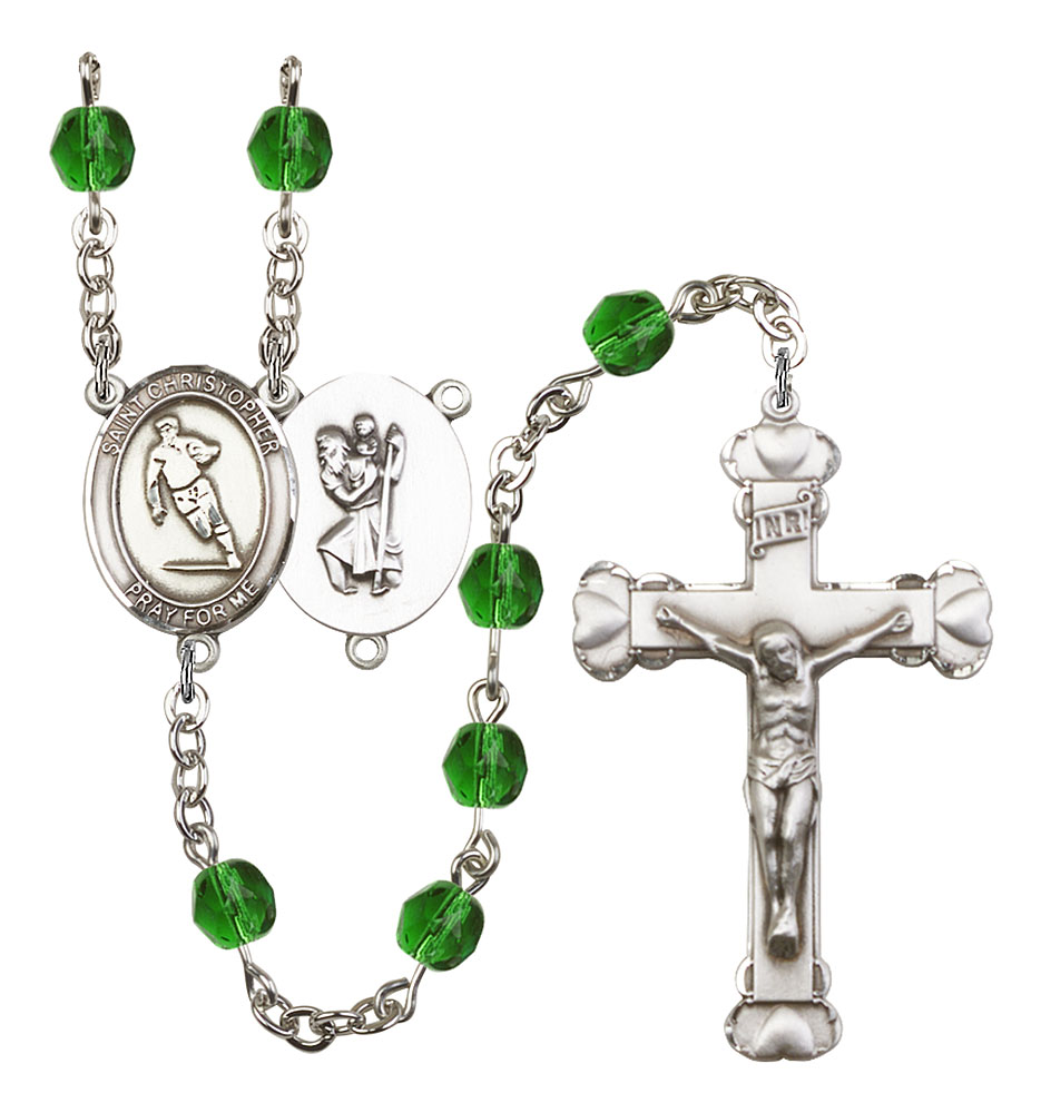 Saint Christopher and Rugby Rosary with Emerald Beads