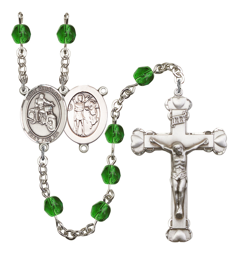 Saint Sebastian and Motorcycle Rosary with Emerald Beads