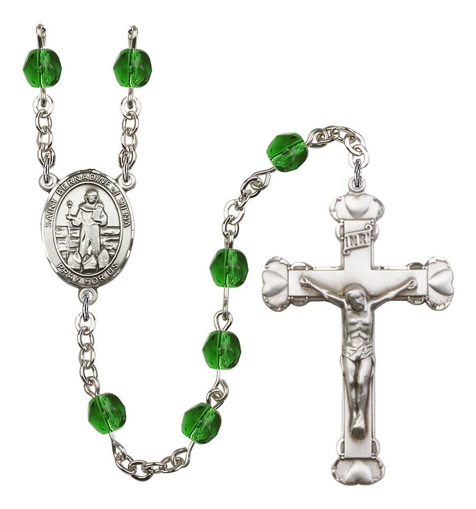 Saint Bernadine of Sienna Engravable Rosary with Emerald Beads