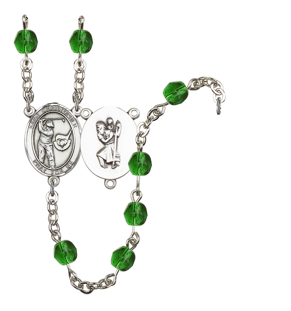 Saint Christopher and Golf Rosary with Emerald Beads