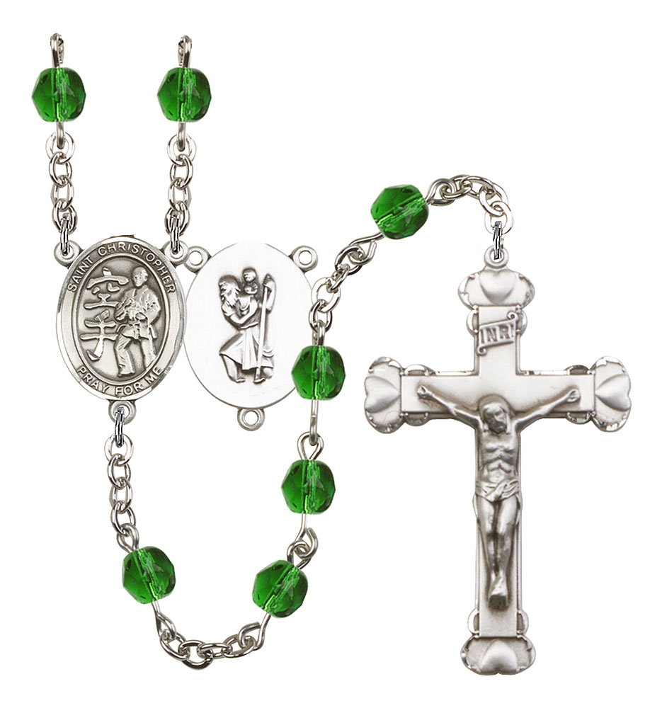 Saint Christopher and Karate Rosary with Emerald Beads