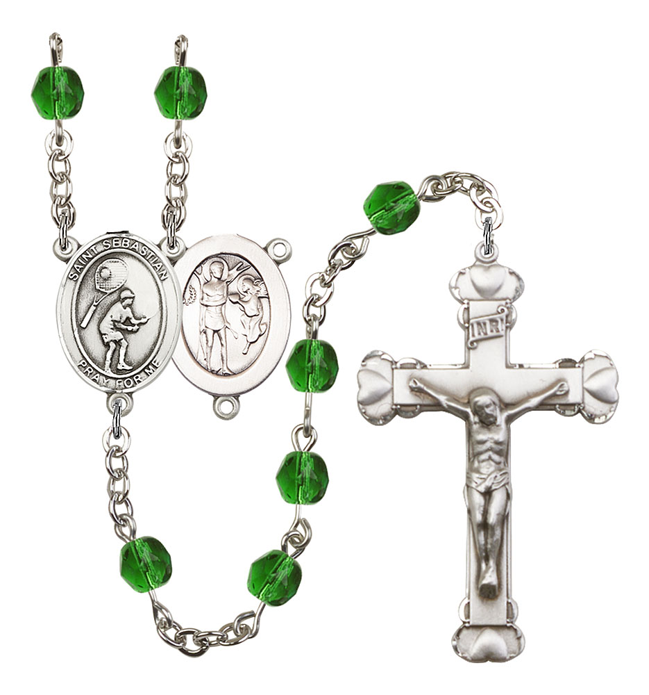 Saint Sebastian and Tennis Rosary with Emerald Beads