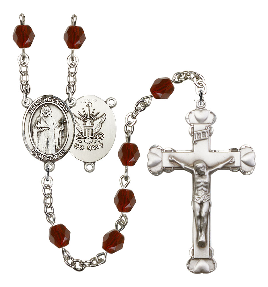 Saint Brendan The Navigator and Navy Rosary with Garnet Beads