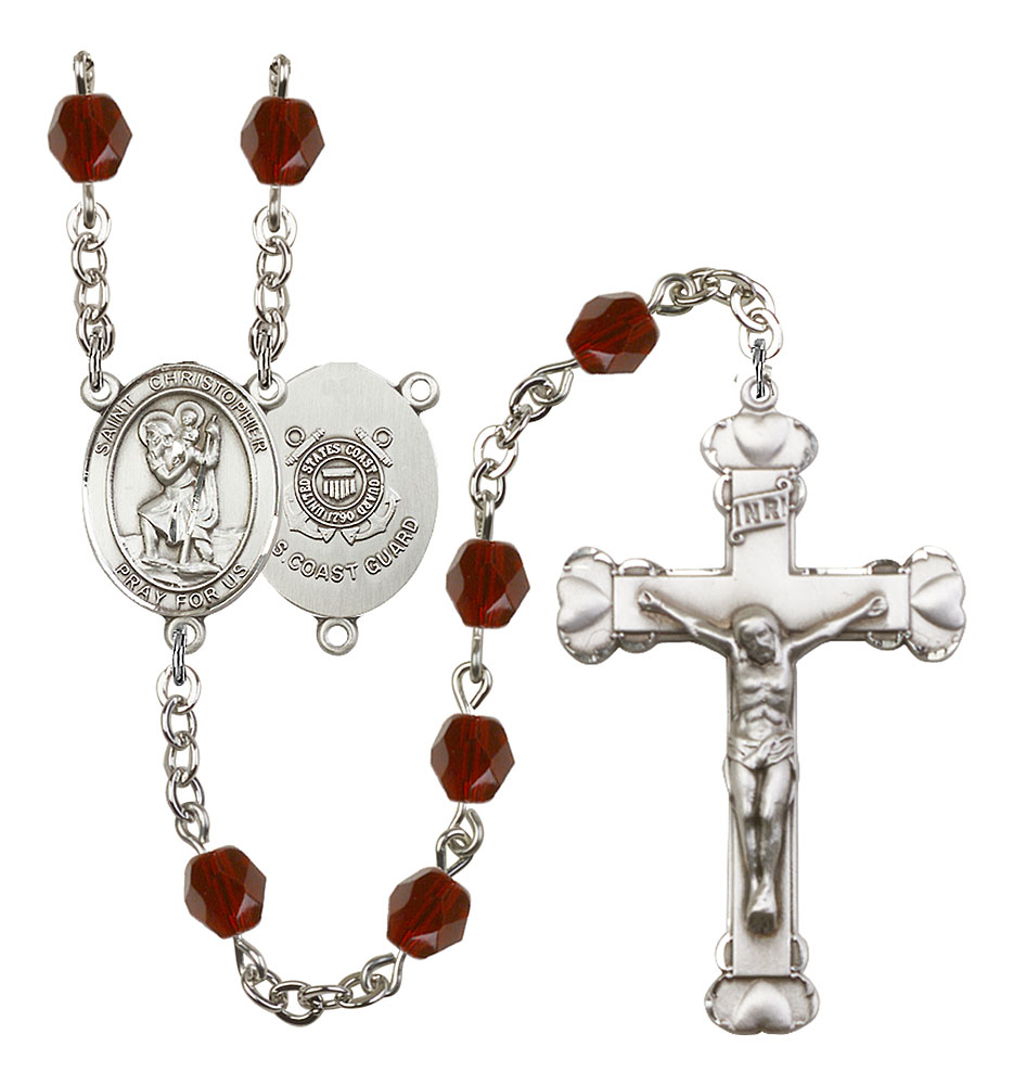 Saint Christopher and Coast Guard Rosary with Garnet Beads