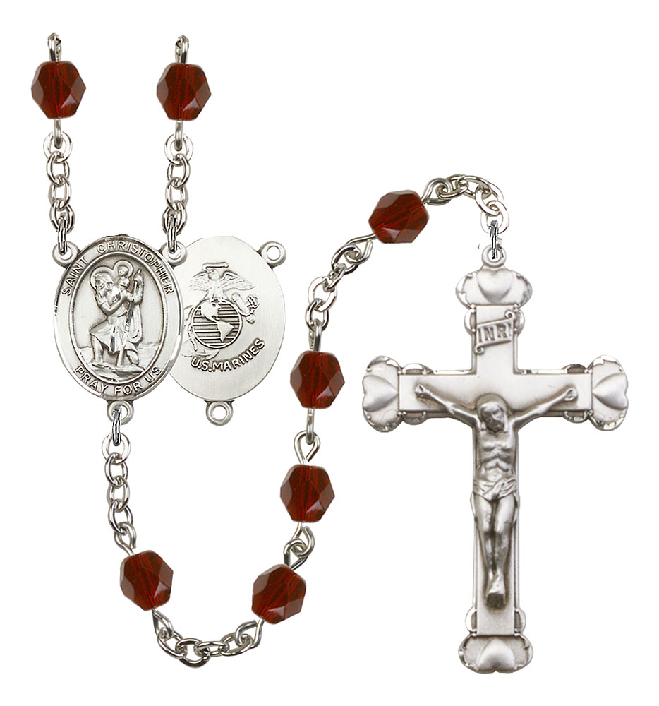 Saint Christopher and Marines Rosary with Garnet Beads