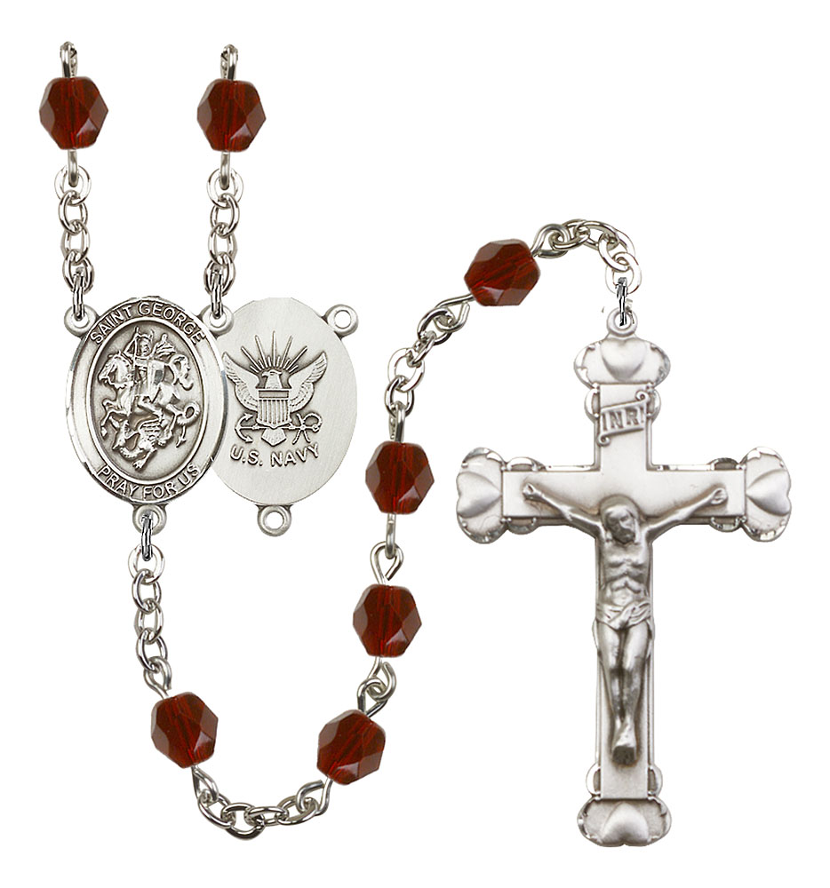 Saint George and Navy Rosary with Garnet Beads