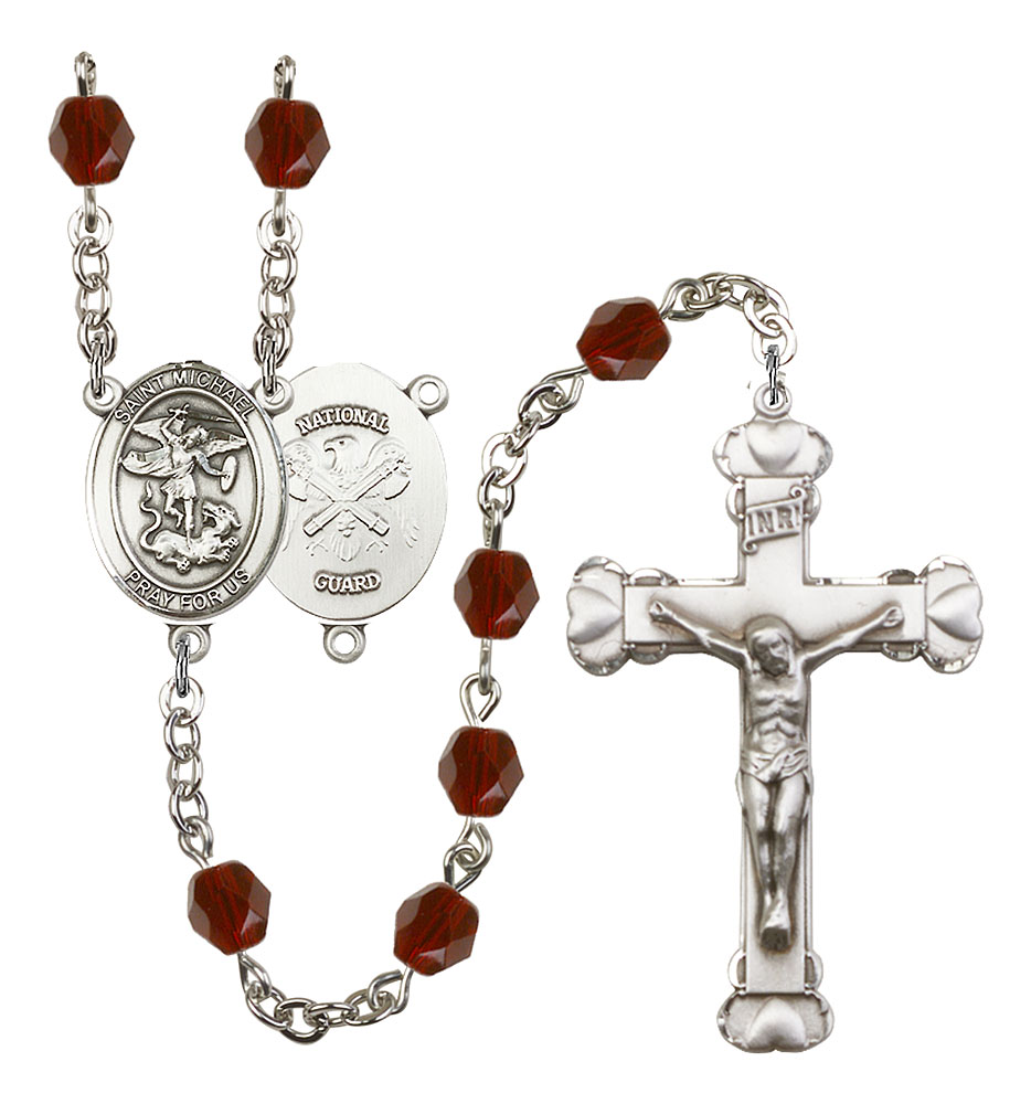 Saint Michael and Nat'l Guard Rosary with Garnet Beads