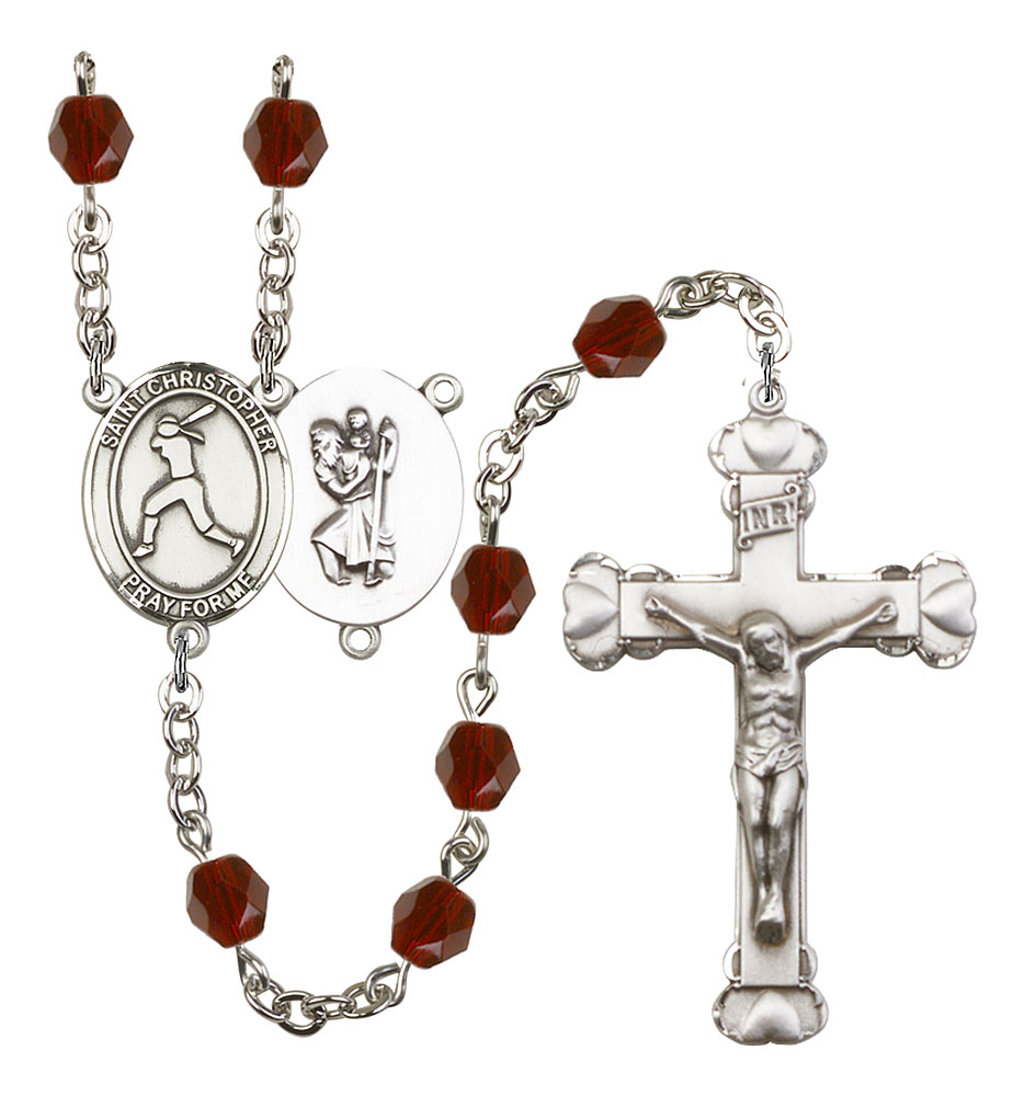Saint Christopher and Softball Rosary with Garnet Beads