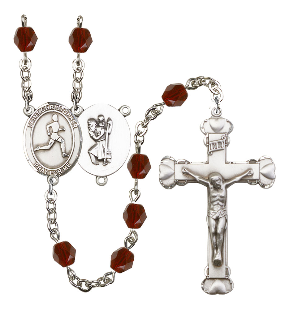 Saint Christopher and Track & Field Rosary with Garnet Beads