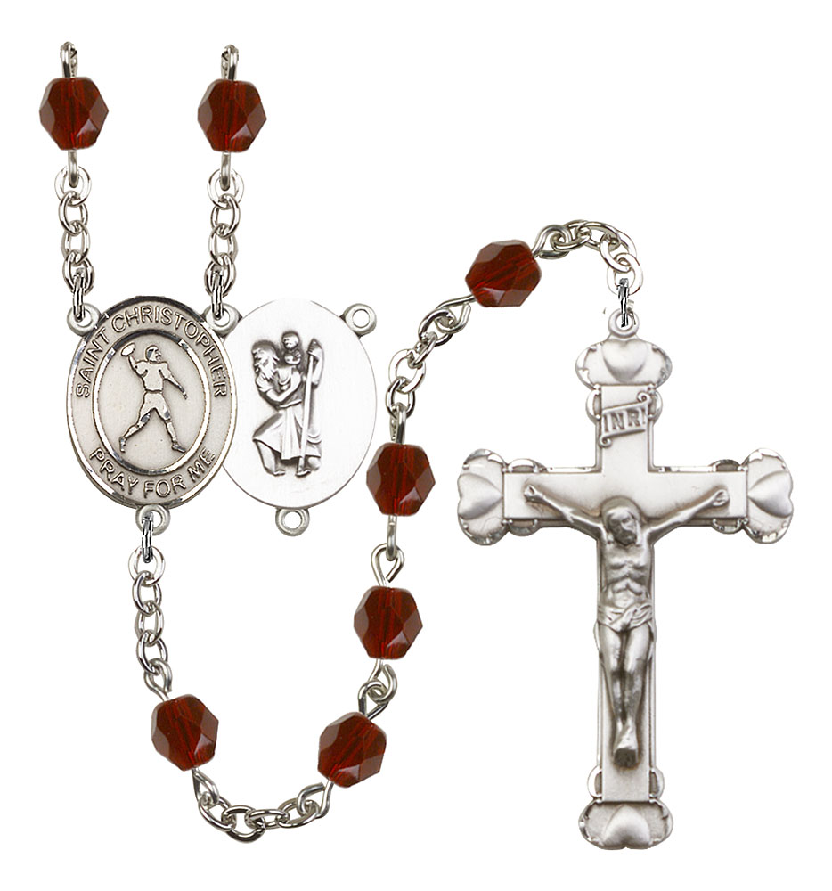 Saint Christopher and Football Rosary with Garnet Beads