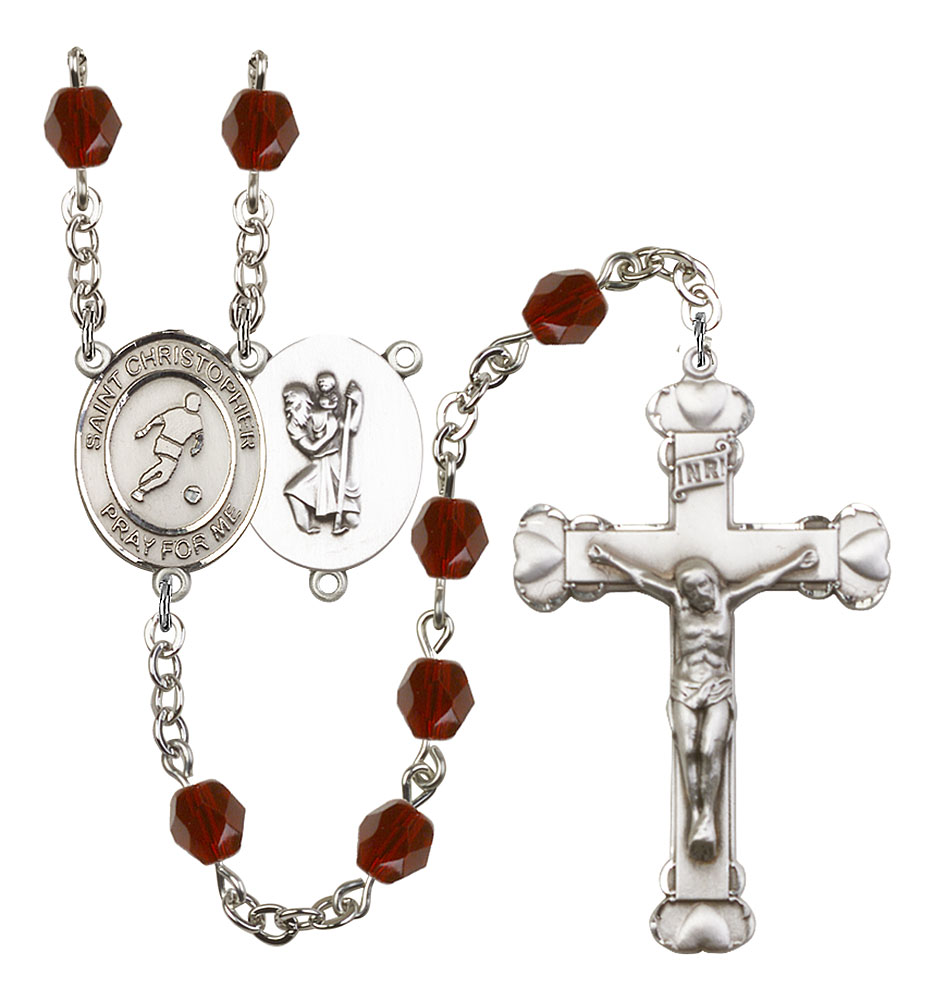 Saint Christopher and Soccer Rosary with Garnet Beads
