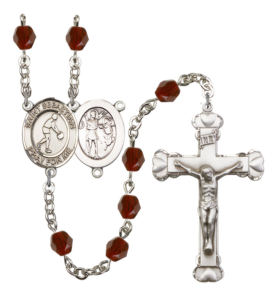 Saint Sebastian and Basketball Rosary with Garnet Beads
