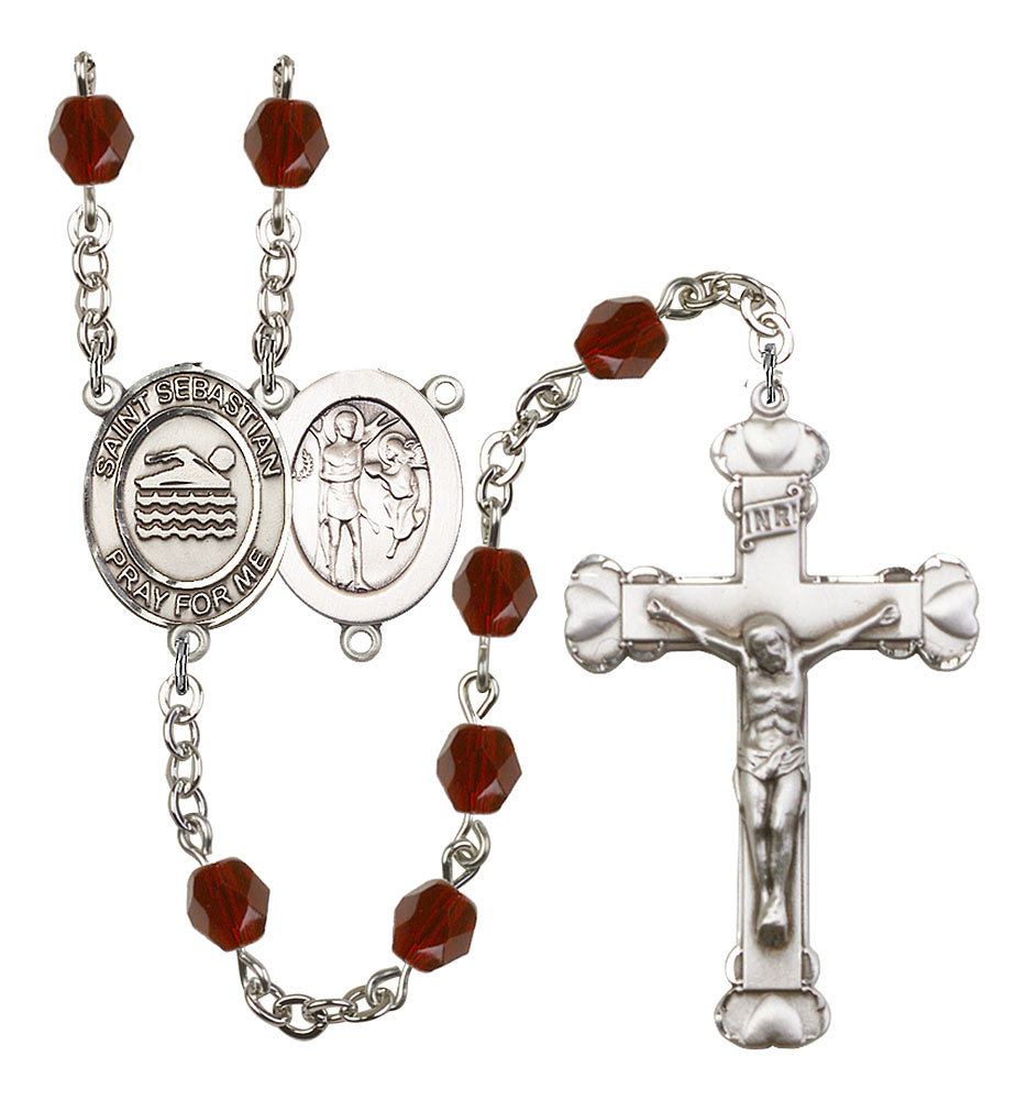 Saint Sebastian and Swimming Rosary with Garnet Beads