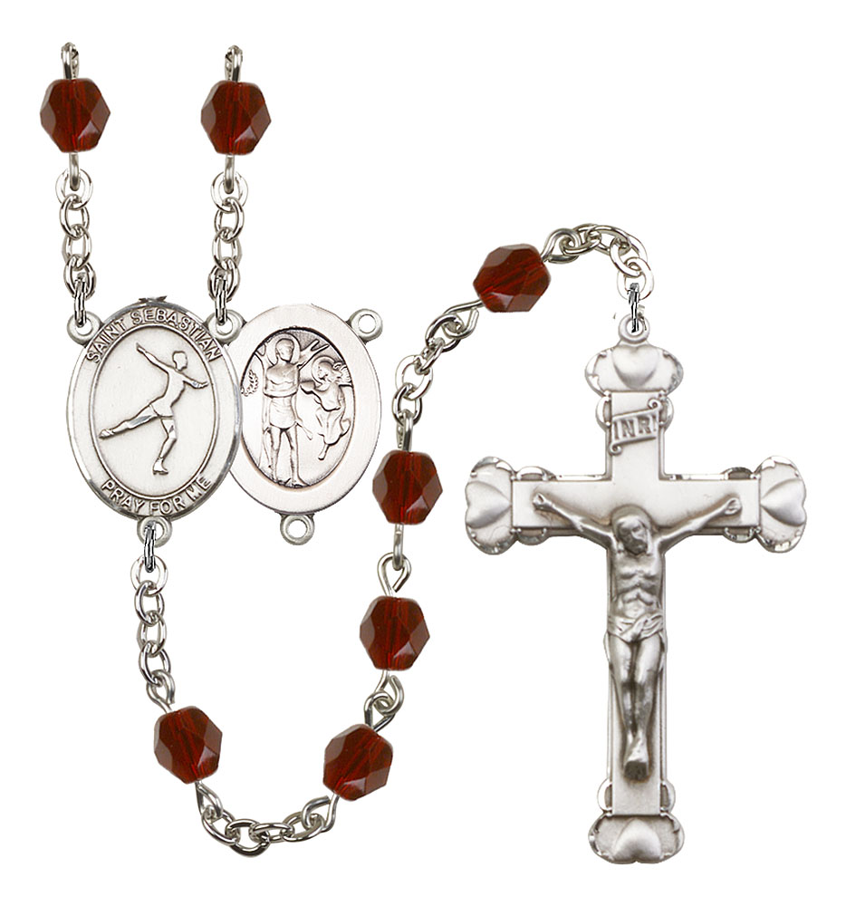 Saint Sebastian and Figure Skating Rosary with Garnet Beads