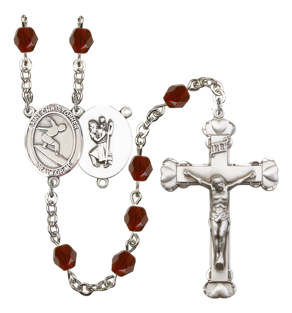 Saint Christopher and Surfing Rosary with Garnet Beads