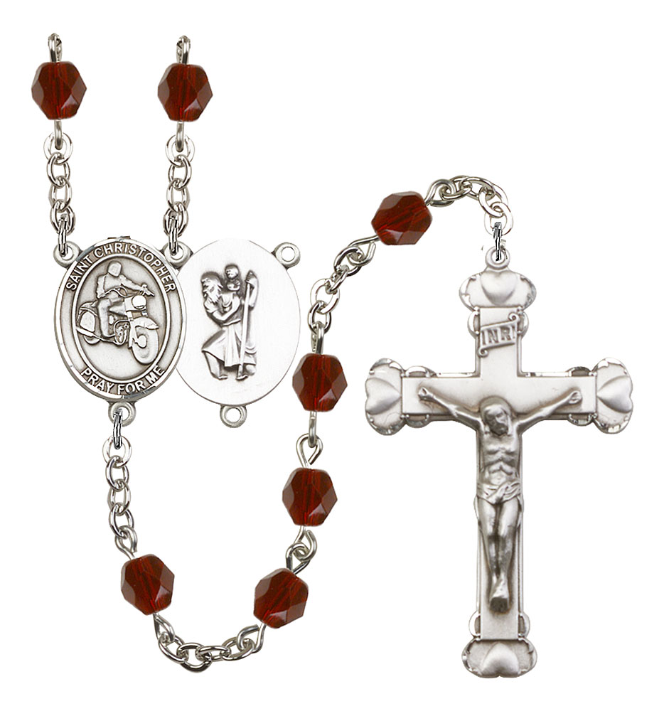 Saint Christopher and Motorcycle Rosary with Garnet Beads