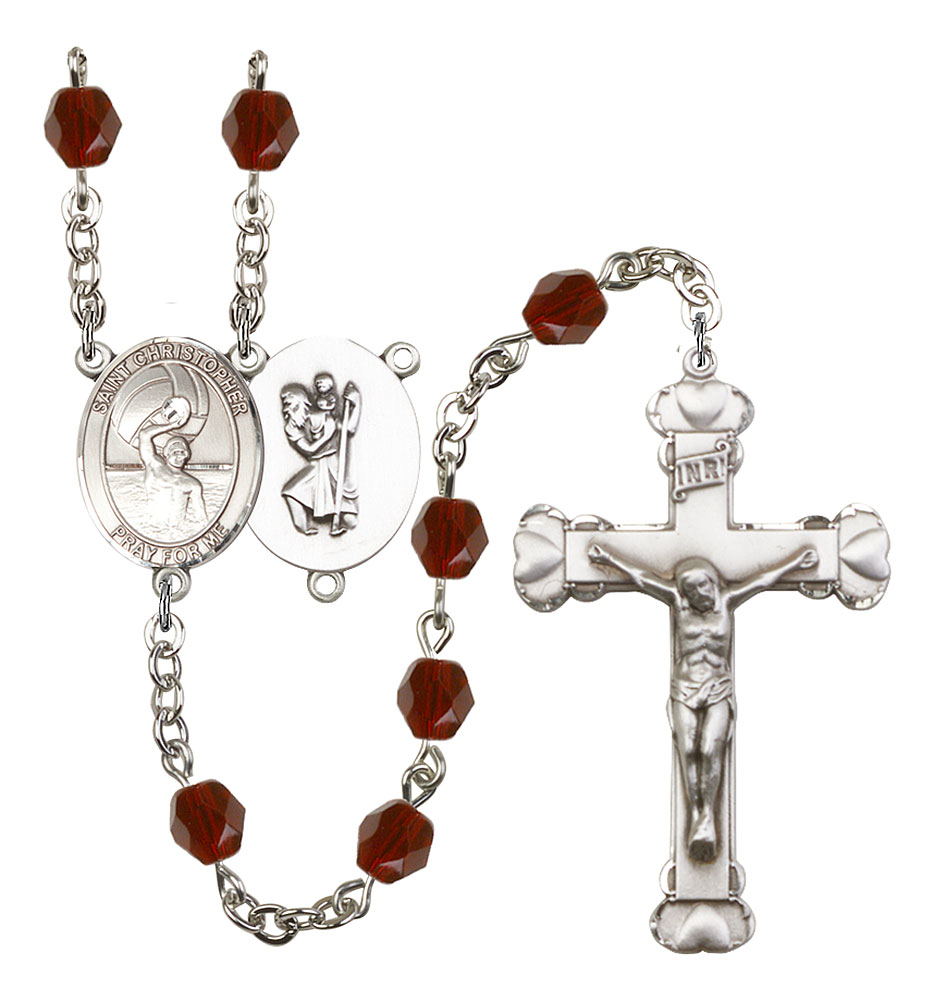 Saint Christopher and Water Polo-Men Rosary with Garnet Beads