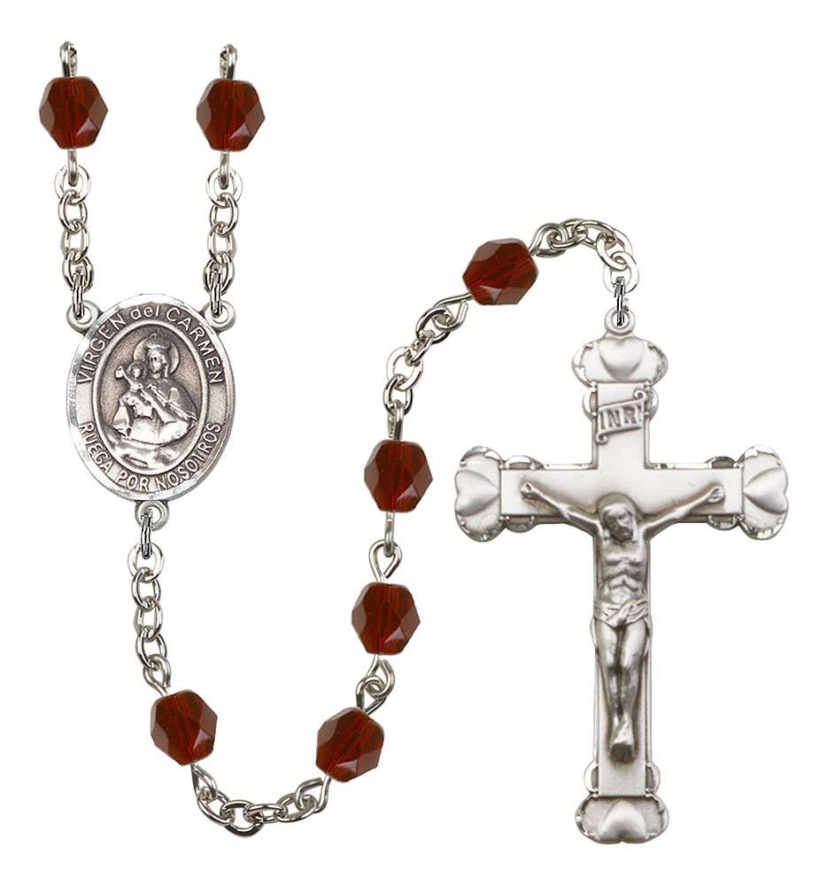 Virgen del Carmen Rosary with Garnet Beads
