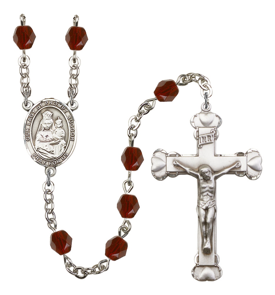 Our Lady of Prompt Succor Engravable Rosary with Garnet Beads