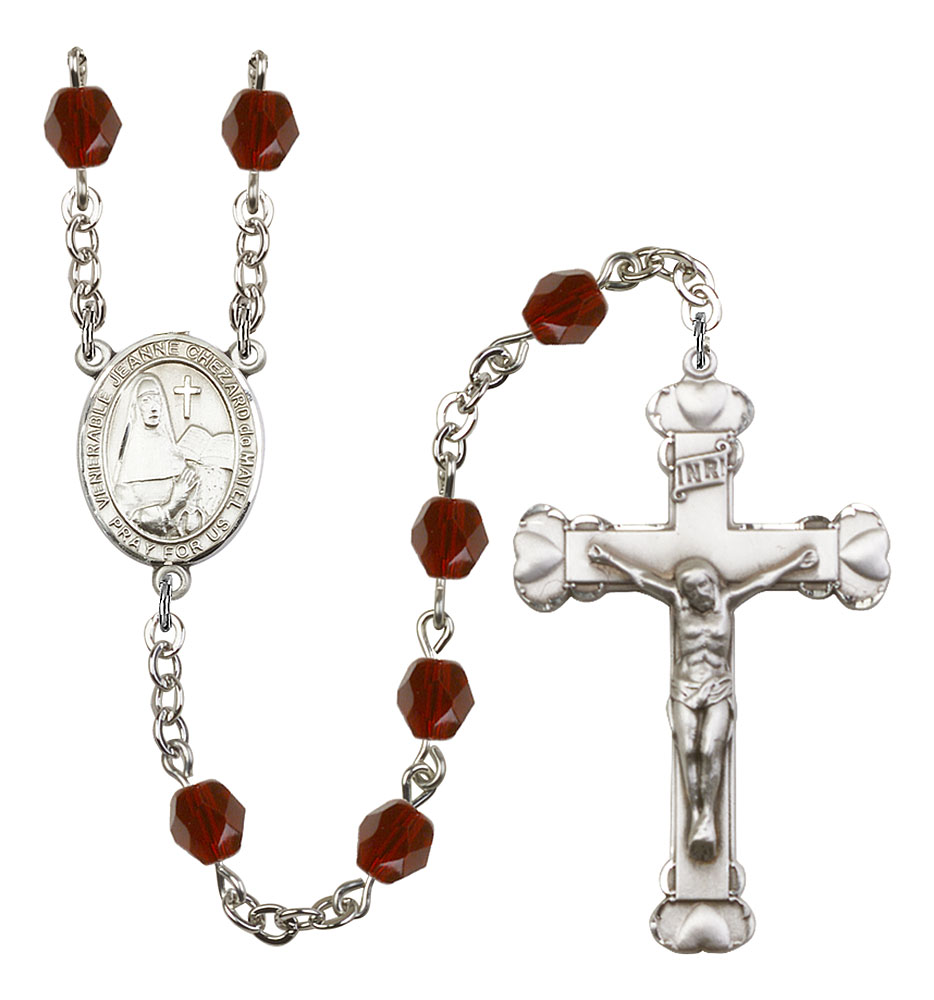 Saint Jeanne Chezard de Matel Engravable Rosary with Garnet Beads
