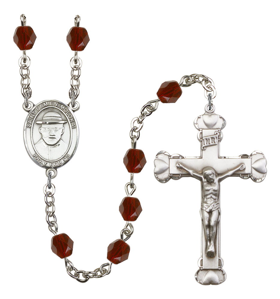 Saint Damien of Molokai Engravable Rosary with Garnet Beads
