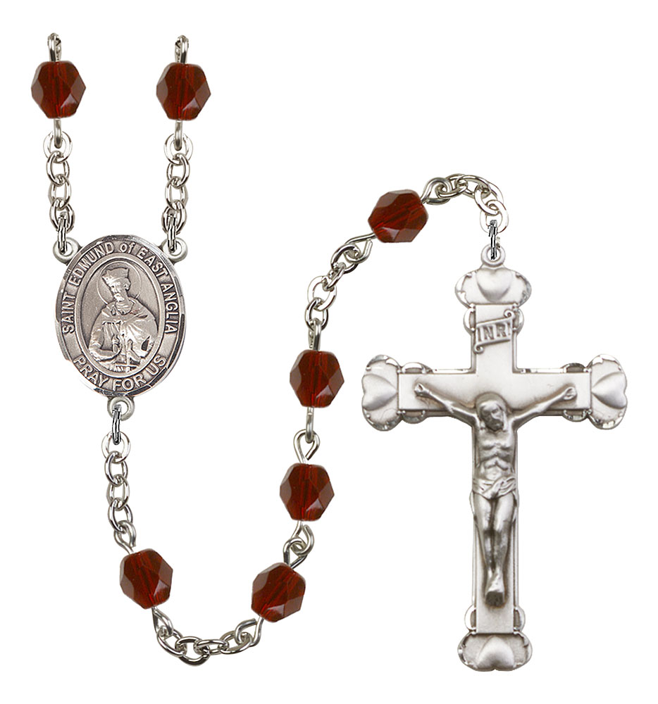 Saint Edmund of East Anglia Engravable Rosary with Garnet Beads