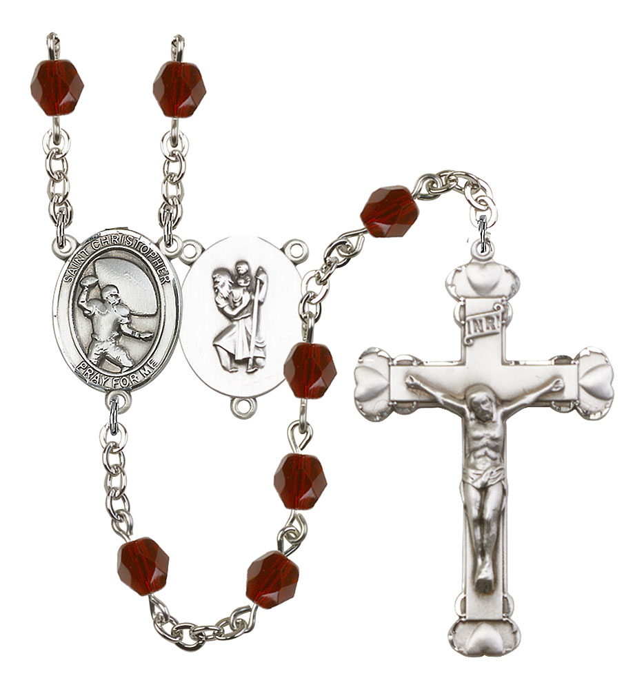 Saint Christopher and Football Rosary with Garnet Beads