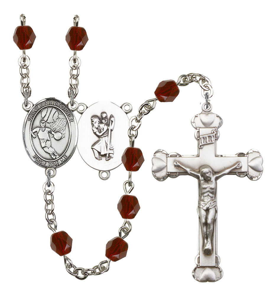 Saint Christopher and Basketball Rosary with Garnet Beads